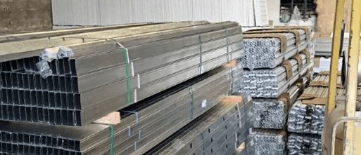 Metal construction materials on shelves